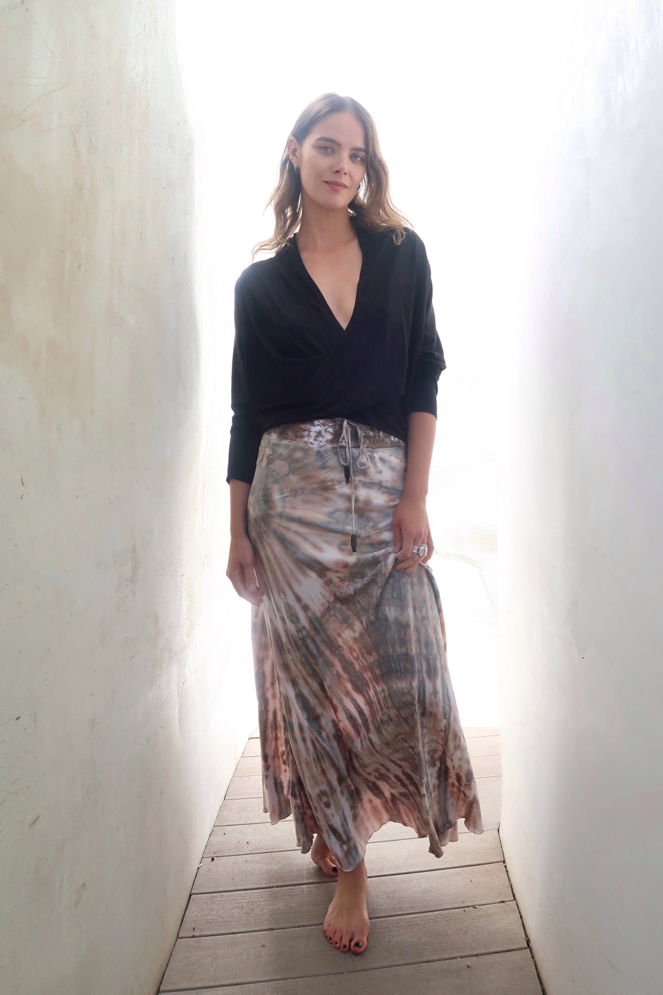 Stretch Silk Charmeuse Bias Skirt with Adjustable Lace Waistband