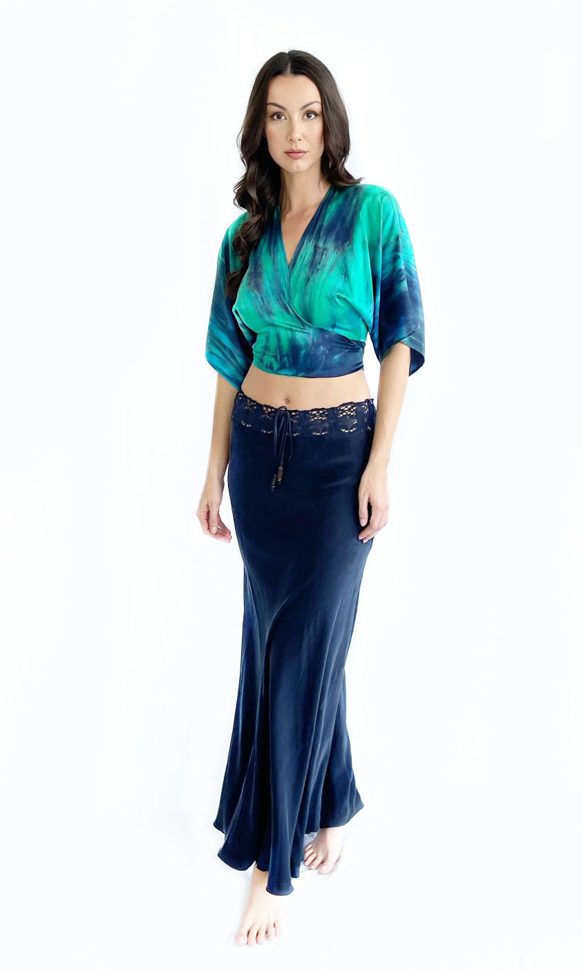 Stretch Silk Charmeuse Bias Skirt with Adjustable Lace Waistband