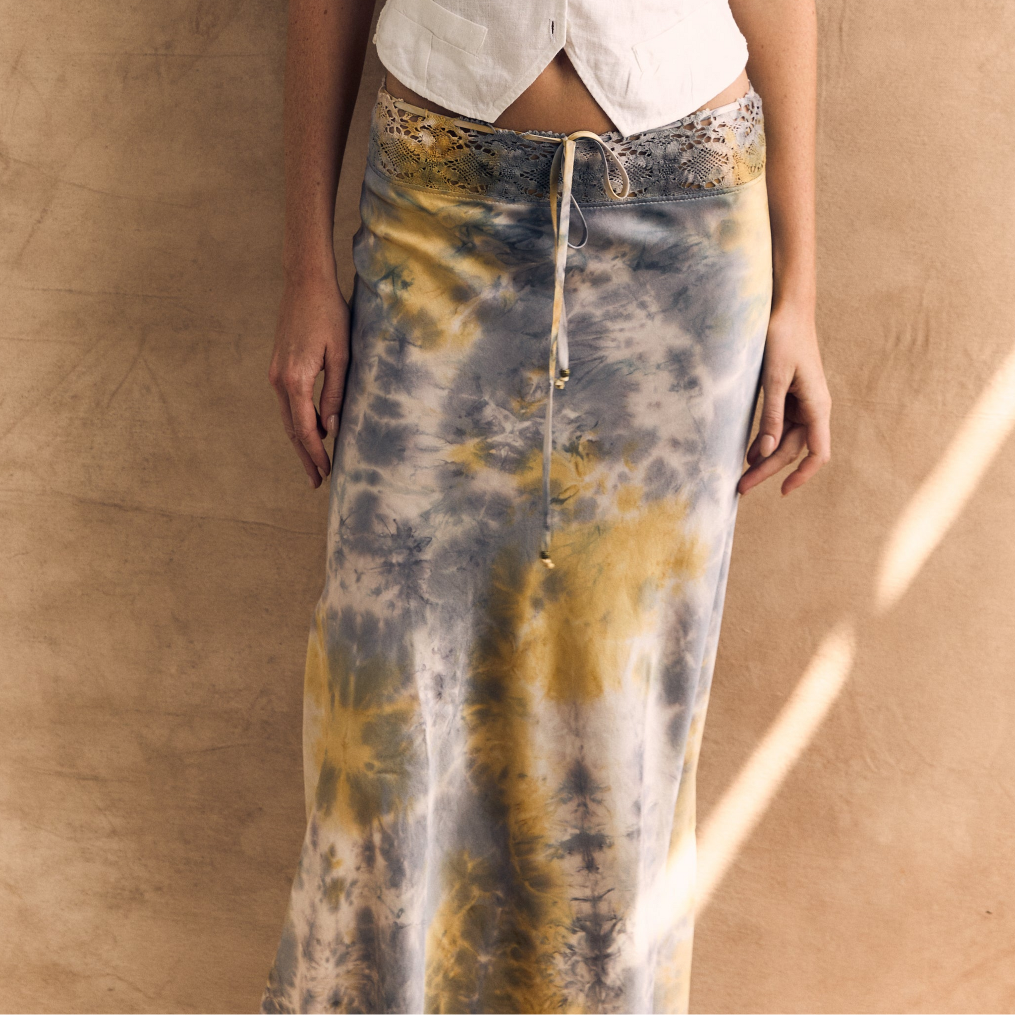 Stretch Silk Charmeuse Bias Skirt with Adjustable Lace Waistband