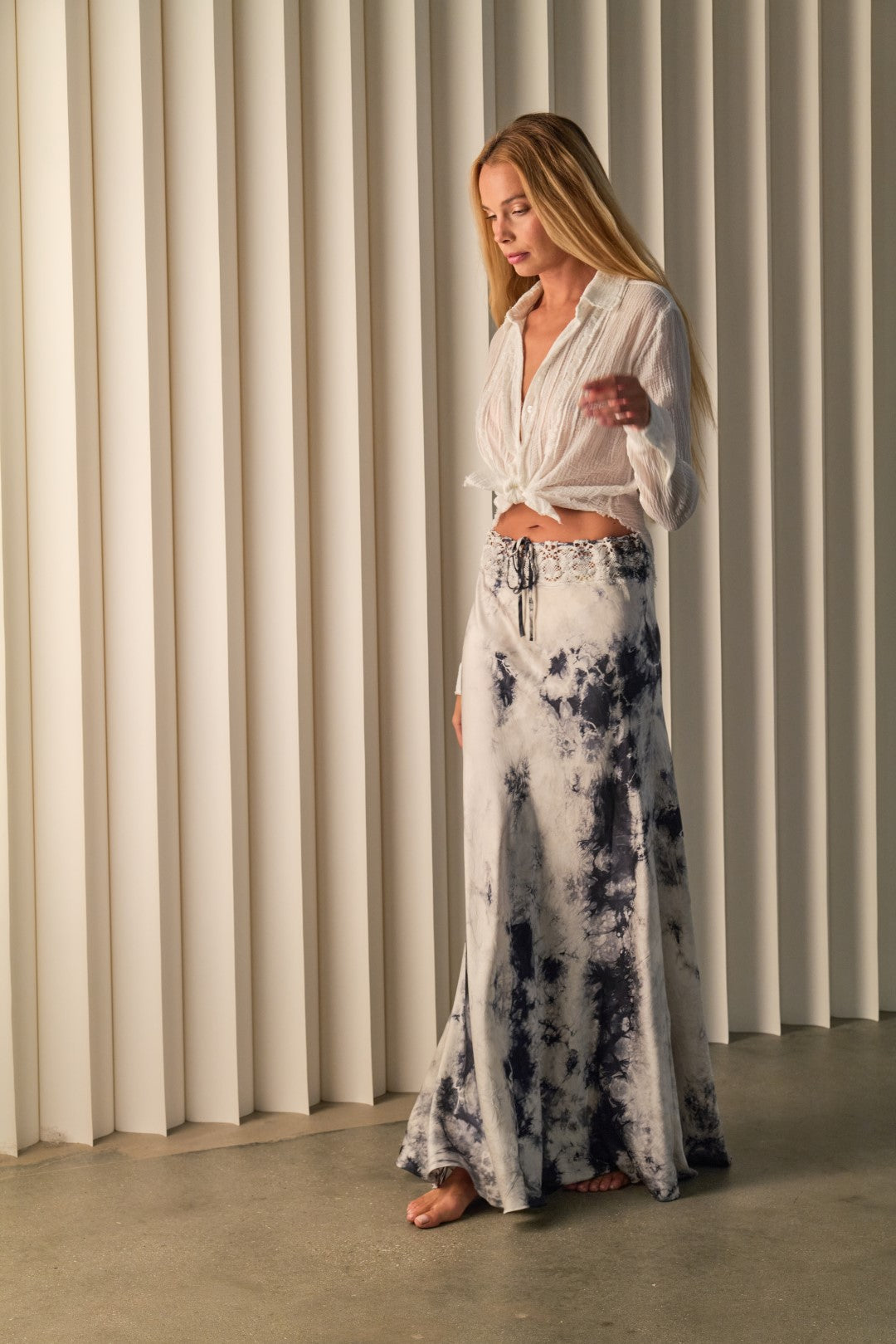 Stretch Silk Charmeuse Bias Skirt with Adjustable Lace Waistband