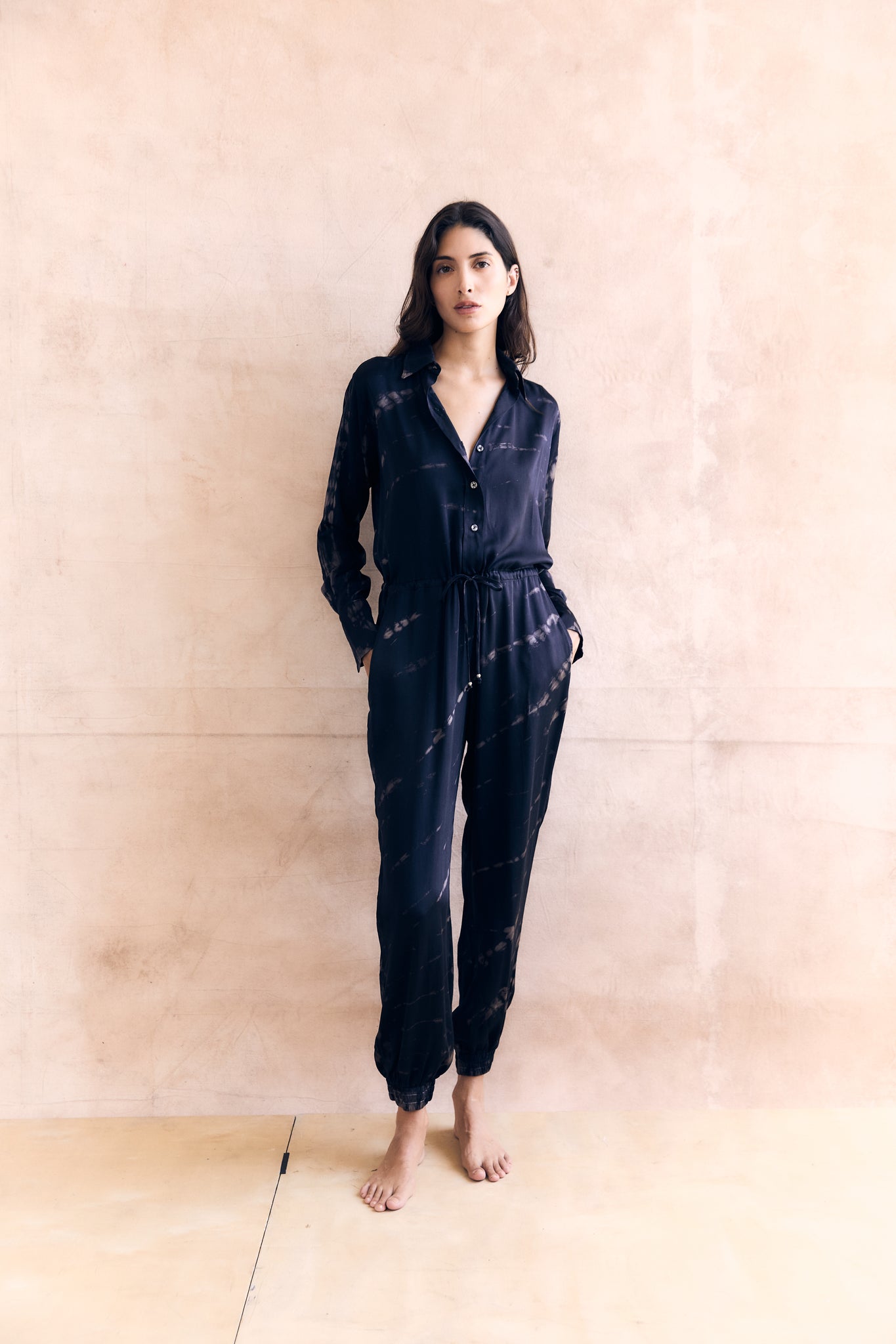 Long Sleeve Stretch Silk Jumpsuit