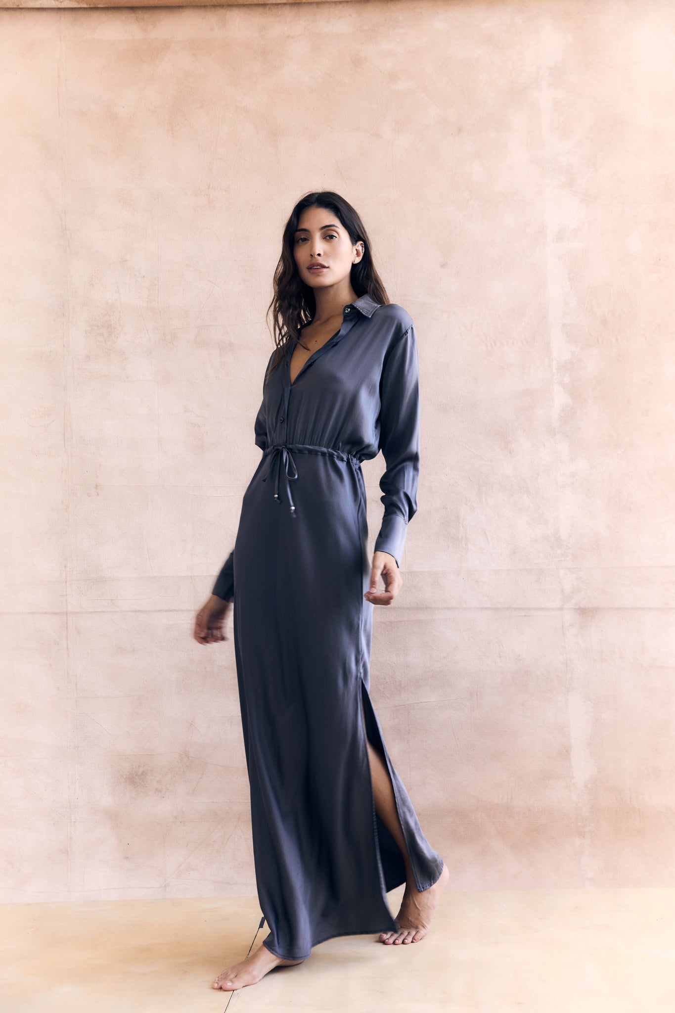 Long Sleeve Button Front Bias Dress