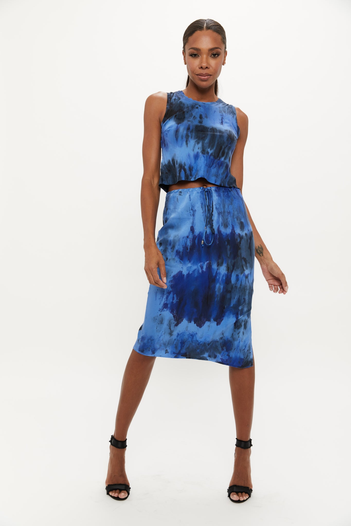Stretch Silk Knee Length Drawstring Skirt MICHELLE JONAS